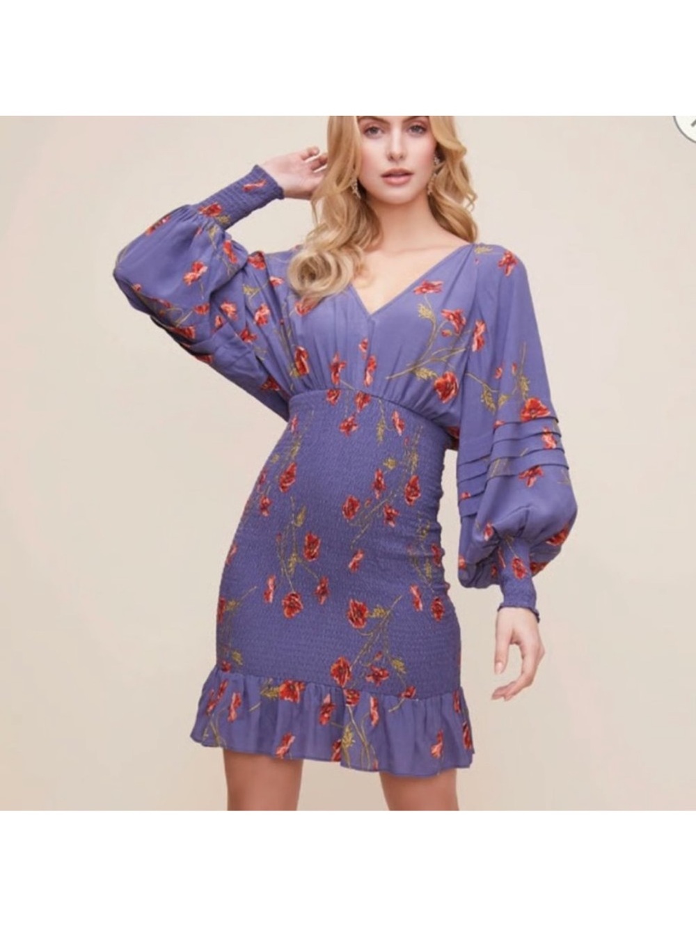 Astr Purple Floral V-Neck Smocked Mini Dress with Red Blooms